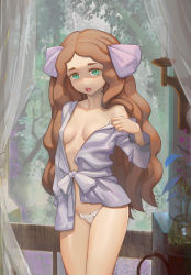 Rule 34 | 1girl, breasts, brown hair, caitlin (pokemon), commentary, creatures (company), eyelashes, game freak, green eyes, grey shirt, hair ribbon, hand up, highres, long hair, nintendo, off shoulder, open mouth, panties, pokemon, pokemon dppt, pokemon platinum, ribbon, shiny skin, shirt, solo, teeth, tongue, underwear, wavy hair, white panties, yugen99