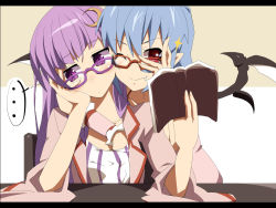 Rule 34 | ..., 2girls, arm support, bat wings, bespectacled, blue hair, blush, book, brown-framed eyewear, chair, coat, dress, fang, glasses, grabbing, grabbing another&#039;s breast, hand under clothes, hand under shirt, long hair, multiple girls, one eye closed, open clothes, open coat, patchouli knowledge, pointy ears, purple-framed eyewear, purple dress, purple eyes, purple hair, red eyes, remilia scarlet, shin&#039;ya (nanp), shirt, sitting, smile, sparkle, striped clothes, striped dress, table, touhou, wings, wink, yuri