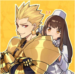 Rule 34 | 1boy, 1girl, aoten (aoiroarekore), armor, blonde hair, blush, brown eyes, brown hair, coat, commentary request, crossed arms, earrings, fate/extra, fate/extra ccc, fate (series), gilgamesh (fate), gloves, gold armor, highres, jewelry, kishinami hakuno (female), long hair, looking at viewer, red eyes, smile, upper body, v, white coat, white gloves, white headwear, yellow background