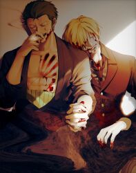Rule 34 | 2boys, absurdres, black suit, blonde hair, blood, blood on clothes, blood on face, blood on hands, cigarette, closed eyes, collarbone, earrings, formal, green hair, hair over one eye, haramaki, highres, holding, holding cigarette, holding hands, jewelry, leaning on person, long sleeves, male focus, mlh7q, multiple boys, necktie, one piece, pectorals, roronoa zoro, sanji (one piece), scar, scar across eye, scar on chest, short hair, sideburns, sleeping, sleeping on person, smile, smoking, straw hat pirates, suit, yaoi