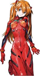 Rule 34 | 1girl, blue eyes, bodysuit, bracer, breasts, closed mouth, expressionless, gloves, hair between eyes, hair ornament, head tilt, highres, long hair, looking at viewer, neon genesis evangelion, official style, orange hair, pale skin, pilot suit, plugsuit, sadamoto yoshiyuki, simple background, skin tight, skinny, small breasts, solo, souryuu asuka langley, white background
