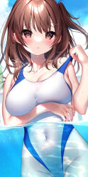 Rule 34 | 1girl, blush, breasts, brown eyes, brown hair, cleavage, competition swimsuit, covered navel, futaba miwa, groin, highleg, highleg swimsuit, large breasts, long hair, looking at viewer, one-piece swimsuit, one side up, original, partially submerged, pulling own clothes, solo, swimsuit, thighs, water, wet, wet clothes, wet swimsuit, white one-piece swimsuit
