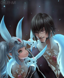 Rule 34 | animal, animal on shoulder, artist name, beard, black hair, blue hair, character request, chuby mi, closed mouth, collar, elf, facial hair, final fantasy, final fantasy xiv, glasses, highres, lalafell, long hair, looking at another, looking down, looking up, mustache, pointy ears, realistic, short hair, smile, tiara, twintails, upper body