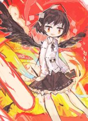 Rule 34 | 1girl, bad id, bad twitter id, bare legs, bird wings, black hair, black ribbon, black skirt, black wings, book, camera, collar, collared shirt, fire, frilled skirt, frills, gradient eyes, hat, hito (nito563), holding, holding book, long sleeves, looking at viewer, multicolored eyes, notebook, open mouth, pointy ears, red eyes, red hat, ribbon, ribbon trim, shameimaru aya, shirt, short hair, skirt, smile, solo, tokin hat, touhou, white shirt, wings
