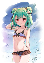 Rule 34 | 1girl, arm up, backlighting, bikini, closed mouth, cowboy shot, double bun, earrings, flat chest, green hair, highres, hololive, jewelry, looking at viewer, outdoors, red eyes, short hair, smile, solo, swimsuit, unname, uruha rushia, virtual youtuber