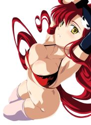 Rule 34 | 00s, 1girl, areola slip, armpits, arms behind head, arms up, asymmetrical gloves, bikini, bikini top only, blush, bottomless, breasts, cleavage, flame print, gloves, hair ornament, izumi mahiru, large breasts, long hair, looking at viewer, navel, parted lips, pink thighhighs, ponytail, red bikini, red hair, rotated, sideboob, skull hair ornament, solo, swimsuit, tengen toppa gurren lagann, thighhighs, transparent background, underboob, uneven gloves, very long hair, yellow eyes, yoko littner