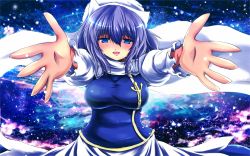 Rule 34 | 1girl, bad id, bad pixiv id, blue eyes, blush, breasts, clothes pin, cloud, female focus, hat, highres, incoming hug, large breasts, letty whiterock, light purple hair, long sleeves, looking at viewer, nekominase, open hands, open mouth, outstretched arms, pov, reaching, scarf, short hair, sky, solo, star (sky), starry sky, touhou, wallpaper