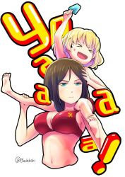 Rule 34 | &gt; &lt;, 2girls, :d, arm up, barefoot, bikini, black hair, blonde hair, blue eyes, breasts, buchikaki, carrying, cleavage, closed eyes, closed mouth, commentary, cropped torso, emblem, fang, food, girls und panzer, half-closed eyes, holding, holding food, katyusha (girls und panzer), long hair, medium breasts, multiple girls, navel, nonna (girls und panzer), open mouth, popsicle, pravda (emblem), red bikini, russian text, short hair, shoulder carry, simple background, smile, smirk, sparkle, standing, swept bangs, swimsuit, twitter username, white background