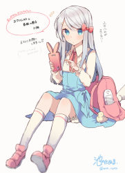 Rule 34 | 1girl, bad id, bad tumblr id, bag, blue dress, blue eyes, blurry, blurry foreground, blush, bow, cellphone, closed mouth, collared shirt, commentary request, depth of field, dress, full body, grey background, hair bow, hair ornament, hairclip, hands up, holding, holding phone, ikeuchi tanuma, index finger raised, looking at viewer, neck ribbon, original, phone, pink footwear, red bow, ribbon, school bag, shirt, silver hair, simple background, sitting, smartphone, socks, solo, translation request, white shirt, white socks, wing collar
