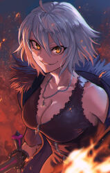 Rule 34 | 1girl, ahoge, black coat, breasts, cleavage, coat, dress, evil smile, fire, highres, holding, holding sword, holding weapon, jeanne d&#039;arc alter (fate), jeanne d&#039;arc alter (ver. shinjuku 1999) (fate), jewelry, lc butter, pendant, short hair, smile, sword, weapon, white hair, yellow eyes