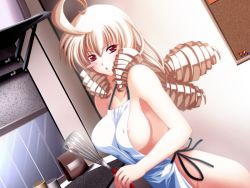Rule 34 | 1girl, ahoge, apron, areola slip, ass, blonde hair, blush, breasts, cleavage, drill hair, game cg, kitchen, large breasts, modored, moon strike, naked apron, nipple slip, nipples, red eyes, solo, spatula
