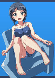 Rule 34 | 1girl, :d, armchair, bare legs, barefoot, black hair, blue background, blush, bob cut, breasts, chair, collarbone, competition school swimsuit, couch, dutch angle, feet, feet on chair, full body, green eyes, hair ornament, hairclip, kirigaya suguha, knees together feet apart, large breasts, li@ (rikku04), looking at viewer, one-piece swimsuit, open mouth, photoshop (medium), school swimsuit, short hair, simple background, sitting, smile, solo, swimsuit, sword art online, toes