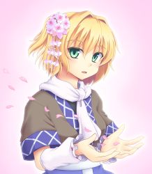 Rule 34 | 1girl, arm warmers, blonde hair, flower, gradient background, green eyes, hair flower, hair ornament, isaki (gomi), looking at viewer, mizuhashi parsee, open mouth, petals, pink background, pointy ears, scarf, shirt, short sleeves, smile, solo, touhou, upper body, white scarf