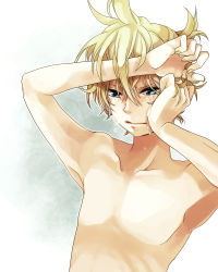 Rule 34 | 1boy, aqua eyes, blonde hair, highres, kagamine len, male focus, nail polish, nude, ponytail, topless male, solo, tears, vocaloid, yamako (state of children), yellow nails