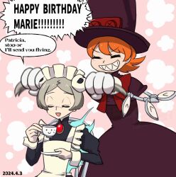 Rule 34 | 2024, 2girls, animated, animated gif, apron, birthday, bloody marie (skullgirls), brooch, closed eyes, cup, cyborg, english text, gloves, grabbing another&#039;s hair, grey hair, grin, hair ornament, hasta, hat, jewelry, multiple girls, orange hair, peacock (skullgirls), pink background, plate, short hair, skull hair ornament, skullgirls, smile, speech bubble, teacup, top hat, twintails