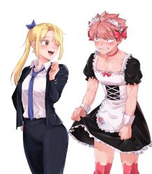 Rule 34 | 1boy, 1girl, blonde hair, blush, bow, breasts, brown eyes, choker, collarbone, commentary request, crossdressing, earrings, embarrassed, fairy tail, formal, ft 0 ne, hair bow, heart, heart earrings, highres, jewelry, korean commentary, long sleeves, looking at another, lucy heartfilia, maid, maid headdress, medium breasts, natsu dragneel, necktie, one eye closed, open mouth, pink hair, ponytail, short sleeves, simple background, standing, suit, teeth, thighhighs, tongue, white background, wrist cuffs