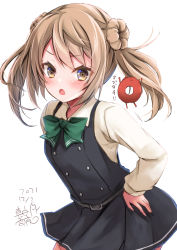 Rule 34 | 1girl, absurdres, abyssal ship, artist name, bow, bowtie, commentary request, cowboy shot, dated, double bun, dress, dress shirt, enemy lifebuoy (kancolle), green bow, green bowtie, hair bun, hands on own hips, highres, kantai collection, leaning forward, light brown hair, mashiro yukiya, michishio (kancolle), one-hour drawing challenge, pinafore dress, shirt, short twintails, simple background, sleeveless, sleeveless dress, twintails, white background, white shirt