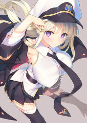 Rule 34 | 1girl, armpits, azur lane, black thighhighs, blonde hair, blush, breasts, commentary request, enterprise (azur lane), from above, hat, large breasts, long hair, looking at viewer, miniskirt, necktie, peaked cap, pleated skirt, purple eyes, shirt, skirt, sleeveless, sleeveless shirt, smile, solo, standing, tatami to hinoki, thighhighs, very long hair