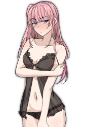 Rule 34 | 1girl, bare shoulders, black nightgown, black panties, blue eyes, blush, breasts, closed mouth, collarbone, crossed arms, feet out of frame, girls&#039; frontline, highres, long hair, looking at viewer, mosa331, navel, nightgown, panties, pink hair, small breasts, solo, st ar-15 (girls&#039; frontline), standing, underwear, white background
