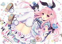 Rule 34 | 1girl, animal ears, bloomers, breasts, card, cleavage, cookie, crown, fake animal ears, food, hair ornament, hair ribbon, hairclip, long hair, magical girl, mini crown, open mouth, original, pink eyes, pink hair, playing card, rabbit, rabbit ears, ribbon, scepter, small breasts, solo, star (symbol), striped clothes, striped thighhighs, thighhighs, underwear, vertical-striped clothes, vertical-striped thighhighs, wand, wasabi (sekai)