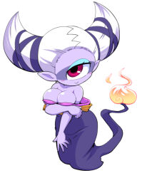 Rule 34 | 1girl, bare shoulders, blush, breasts, cleavage, colored skin, cyclops, flame-tipped tail, fuumin (youkai watch), large breasts, looking at viewer, monster girl, nollety, off shoulder, one-eyed, pink eyes, pointy ears, purple skin, simple background, smile, white background, white hair, youkai (youkai watch), youkai watch