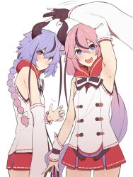 Rule 34 | 2girls, arm up, armpits, black gloves, blush, bow, braid, braided ponytail, breasts, commentary request, cowboy shot, detached sleeves, dot mouth, fingerless gloves, gloves, gradient hair, hair bow, hair flaps, hand up, head tilt, highres, horns, looking at viewer, looking to the side, low ponytail, meika hime, meika mikoto, miniskirt, multicolored hair, multiple girls, oekaki paru1215, open mouth, partially fingerless gloves, pink hair, purple eyes, purple hair, purple nails, red eyes, red skirt, shirt, siblings, simple background, single detached sleeve, single fingerless glove, single wrist cuff, sisters, skirt, sleeveless, sleeveless shirt, small breasts, smile, streaked hair, thick eyebrows, vocaloid, waving, white background, white bow, white shirt, wide sleeves, wrist cuffs