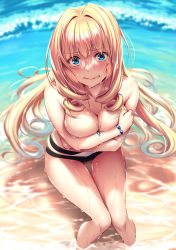 Rule 34 | 1girl, absurdres, beach, bikini, blonde hair, blue eyes, blue sky, blush, breasts, cleavage, cloud, collarbone, covering privates, covering breasts, curly hair, day, embarrassed, highres, jewelry, large breasts, long hair, looking at viewer, necklace, ocean, original, outdoors, parted lips, piromizu, sand, scan, shoudou erena, sidelocks, sky, solo, swimsuit, topless, very long hair, wading, wet