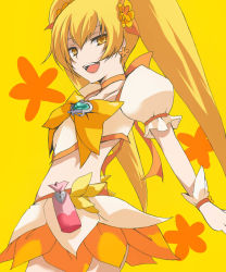 Rule 34 | 10s, 1girl, artist request, bad id, bad pixiv id, blonde hair, bow, brooch, cure sunshine, heart, heart brooch, heartcatch precure!, highres, long hair, magical girl, midriff, myoudouin itsuki, open mouth, orange bow, orange skirt, precure, skirt, solo, twintails, wrist cuffs, yellow background, yellow bow, yellow eyes, yellow theme