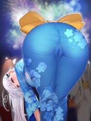 Rule 34 | 1girl, absurdres, ahoge, ass, ass focus, bent over, breasts, cameltoe, cleft of venus, hair ornament, heart, heart ahoge, highres, huge ass, impossible clothes, japanese clothes, kimono, large breasts, long hair, looking at viewer, looking back, niliu chahui, original, red eyes, skin tight, solo, thighs, tokisaki mio (niliu chahui), white hair
