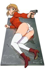 Rule 34 | 00s, 1990s (style), 1girl, aika (series), aika r-16, aiming, aiming at viewer, ass, blouse, boots, braid, female focus, finger on trigger, frown, full body, green eyes, gun, high heel boots, high heels, highres, legs, looking back, maigleco, panties, pantyshot, retro artstyle, shirt, side braid, single braid, solo, sumeragi aika, thighhighs, thighs, transparent background, underwear, weapon, white shirt, white thighhighs