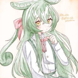 Rule 34 | 1girl, blush, bow, collared shirt, expressionless, finger to own chin, green hair, green skirt, hair between eyes, hair bow, highres, long hair, long sleeves, looking at viewer, neck ribbon, noa (tte41174), pea pod, ribbon, shirt, simple background, skirt, solo, suspender skirt, suspenders, upper body, voicevox, white background, white shirt, yellow eyes, zundamon