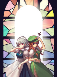 Rule 34 | 2girls, bad id, bad pixiv id, blue eyes, braid, breasts, china dress, chinese clothes, dress, female focus, hat, hong meiling, indoors, izayoi sakuya, knife, leona (pixiv), long hair, maid, multiple girls, red eyes, red hair, ribbon, short hair, silver hair, stained glass, embodiment of scarlet devil, throwing knife, touhou, twin braids, twintails, weapon