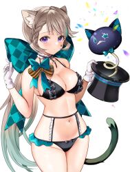 Rule 34 | 1girl, animal ears, bare shoulders, black bra, black hat, black panties, blush, bow, bra, breasts, cat ears, cat girl, cat tail, choker, cleavage, collarbone, commentary request, facial mark, frilled choker, frills, genshin impact, gloves, green bow, grey hair, hair bow, hat, highres, large breasts, long hair, looking at viewer, lynette (genshin impact), navel, panties, ponytail, purple eyes, seiru (prairie), sidelocks, solo, star (symbol), star facial mark, tail, thighs, top hat, underwear, white gloves