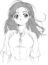 Rule 34 | 1girl, ahoge, black hair, closed mouth, collared shirt, dress shirt, expressionless, eyebrows, face, greyscale, long hair, long sleeves, looking at viewer, monochrome, original, shirt, simple background, solo, white background, yamaguchi homupe, zipper