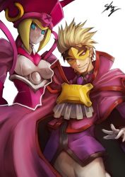 Rule 34 | 1boy, 1girl, android, blazblue, blonde hair, blue eyes, cape, facial hair, gloves, hat, ignis (blazblue), looking at viewer, mask, md5 mismatch, pink headwear, relius clover, resized, simple background, smirk, sowel (sk3), stubble, white background, white hair