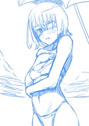 Rule 34 | 10s, 1girl, another, bikini, blue theme, blush, breasts, cleavage, covering privates, covering breasts, embarrassed, eyepatch, maydrawfag, misaki mei, monochrome, navel, short hair, solo, swimsuit, umbrella