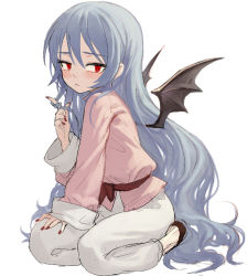 Rule 34 | 1girl, alternate costume, alternate hair length, alternate hairstyle, blue hair, blush, chinese clothes, fkey, twirling hair, long hair, looking at viewer, nail polish, red eyes, red nails, remilia scarlet, simple background, sitting, skirt, solo, touhou, very long hair, white background