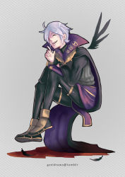 Rule 34 | 1boy, ^ ^, artist name, black feathers, black legwear, book, bridal gauntlets, cape, closed eyes, commentary, feathers, fire emblem, fire emblem awakening, grey background, gzei, henry (fire emblem), highres, holding, male focus, nintendo, outline, sandals, single wing, sitting, smile, solo, striped, striped background, teeth, vertical stripes, white hair, wings