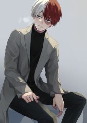 Rule 34 | 1boy, black pants, black sweater, boku no hero academia, brown jacket, burn scar, commentary request, heterochromia, highres, jacket, long sleeves, male focus, miyanami 3, multicolored hair, open clothes, open jacket, pants, parted lips, red hair, scar, scar on face, shirt, short hair, sideways glance, simple background, sitting, solo, sweater, todoroki shouto, two-tone hair, white hair