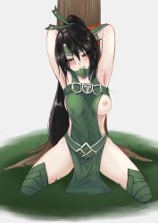 Rule 34 | 1girl, absurdres, akali, akira b, angry, armpits, bdsm, black hair, bondage, bound, breasts, grimace, highres, league of legends, ninja, nipples, one breast out, pelvic curtain, yellow eyes