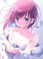 Rule 34 | 1girl, absurdres, arimura romi, bare shoulders, blue eyes, bra, breasts, einstein yori ai wo komete, feathers, highres, holding, kimishima ao, lab coat, long sleeves, looking at viewer, red hair, robot, short hair, simple background, small breasts, smile, solo, underwear, white bra