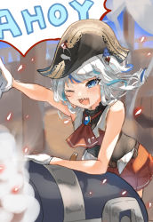 Rule 34 | 1girl, blue hair, cannon, cosplay, floating hair, gawr gura, gloves, hat, highres, hololive, hololive english, houshou marine, houshou marine (1st costume), houshou marine (cosplay), leaning forward, looking ahead, medium hair, multicolored hair, one eye closed, pirate hat, pointing, red skirt, sharp teeth, silver hair, skirt, smoke, solo, speech bubble, streaked hair, takeno omoti, teeth, two side up, virtual youtuber, white gloves