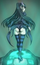 Rule 34 | 00s, 1girl, aqua theme, ass, bad id, bad pixiv id, blassreiter, cameltoe, elea, full body, green eyes, green hair, high heels, horns, kneepits, long hair, looking back, panties, pointy ears, shoes, standing, striped clothes, striped thighhighs, thigh gap, thighhighs, thighs, tofu (tf07px), underwear