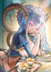 Rule 34 | + +, 1girl, blue hair, braid, breasts, coffee, curled horns, fate/grand order, fate (series), hair between eyes, horns, large breasts, larva tiamat (fate), larva tiamat (third ascension) (fate), long hair, long horns, looking at viewer, navel, official art, pink eyes, pointy ears, solo, stomach tattoo, symbol-shaped pupils, tattoo, third-party source, tiamat (fate), very long hair, yamanaka kotetsu