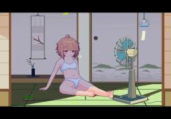 Rule 34 | 1girl, ahoge, animated, arms behind back, barefoot, blush, bob cut, bra, breath, brown hair, day, dithering, electric fan, falling leaves, feet, female focus, heavy breathing, hot, indoors, jitome, leaf, light brown hair, looping animation, medium hair, mosquito coil, navel, on floor, open mouth, original, panties, pixel art, plant, potted plant, red eyes, shade, sitting, sliding doors, solo, sotie, tapestry, tatami, toe scrunch, toes, underwear, video, white bra, white panties, wind chime