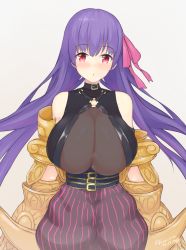 Rule 34 | 10s, 1girl, arms at sides, bare shoulders, black pants, blush, breasts, claws, fate/extra, fate/extra ccc, fate (series), hair ribbon, huge breasts, kuavera, lips, long hair, looking at viewer, o-ring, o-ring top, pants, passionlip (fate), pink eyes, purple hair, ribbon, shirt, sleeveless, sleeveless shirt, solo, striped, upper body, vertical stripes, very long hair