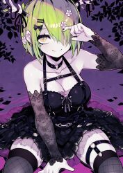 Rule 34 | 1girl, antlers, arm warmers, bare shoulders, belt, black dress, black nails, breasts, ceres fauna, ceres fauna (goth), choker, cleavage, collarbone, dress, fishnet thighhighs, fishnets, flower, green hair, hair flower, hair ornament, hair over one eye, hairclip, hololive, hololive english, horns, large breasts, looking at viewer, mole, mole under eye, nail polish, official alternate costume, official alternate hairstyle, parororo, sitting, skindentation, smile, solo, thigh strap, thighhighs, virtual youtuber, yellow eyes