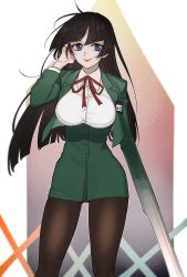 Rule 34 | 1girl, absurdres, android, arm blade, black pantyhose, blue eyes, breasts, collared shirt, commission, commissioner upload, floating hair, green jacket, green skirt, hand in own hair, high-waist skirt, highres, hoshiya, houjin exaxxion, jacket, large breasts, long hair, looking at viewer, minagata isaka, neck ribbon, pantyhose, parted bangs, red ribbon, ribbon, school uniform, shirt, skeb commission, skirt, smile, solo, space, weapon, white shirt