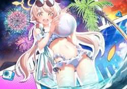 Rule 34 | 1girl, ball, beachball, bikini, blue archive, building, fireworks, frilled bikini, frills, hair flaps, hifumi (blue archive), hifumi (swimsuit) (blue archive), highres, holding, holding ball, holding beachball, light brown hair, long hair, looking at viewer, low twintails, navel, open mouth, palm tree, sasatabekung, smile, solo, swimsuit, tree, twintails, white bikini, yellow eyes