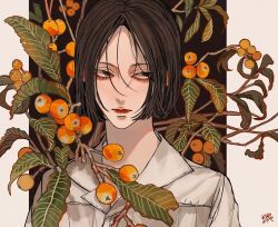Rule 34 | 1boy, bob cut, branch, brown eyes, brown hair, closed mouth, collared shirt, commentary, food, fruit, highres, kagoya1219, lapels, leaf, loquat, male focus, notched lapels, original, parted hair, plant, sanpaku, shirt, short hair, signature, solo, upper body, white shirt